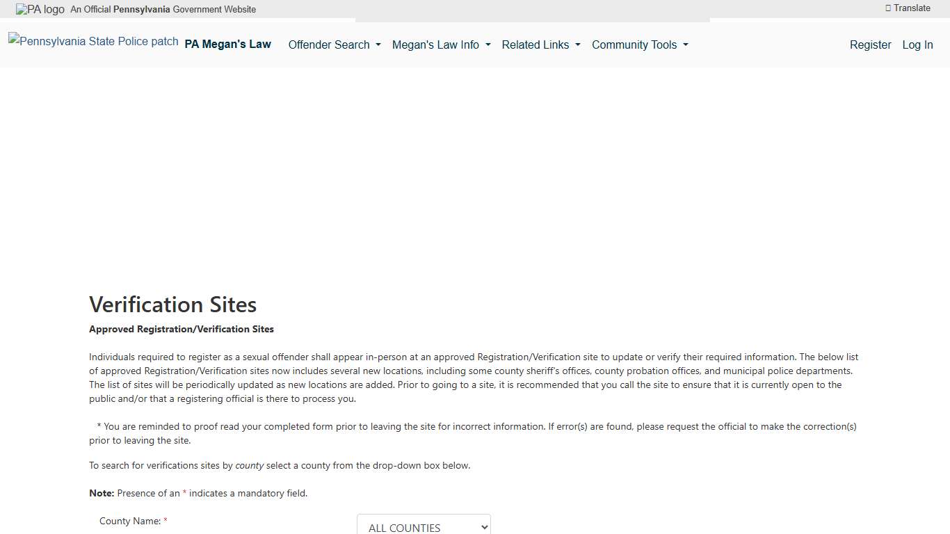 VerificationSites - Megan's Law Public Website